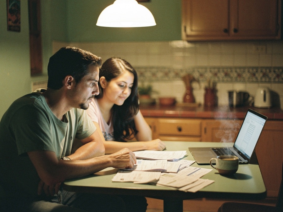Una pareja revisa sus cuentas y documentos en la mesa de la cocina